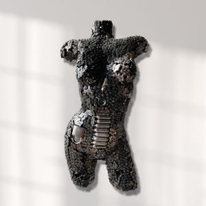 Metal Female Torso wall-art | Industrial Metal Wall Art Sculpture with Chains and Lock | Handmade, Lacquered, Unique | Eye-Catching Centerpiece or Gift