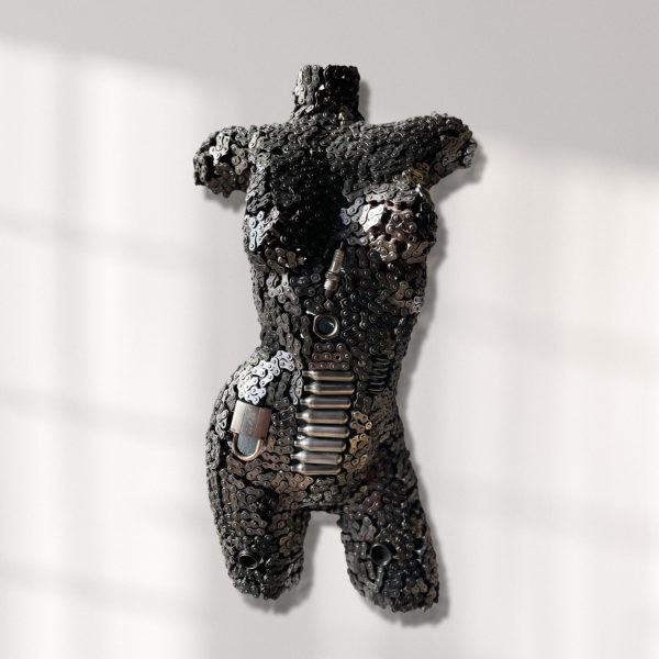 Metal Female Torso wall-art | Industrial Metal Wall Art Sculpture with Chains and Lock | Handmade, Lacquered, Unique | Eye-Catching Centerpiece or Gift