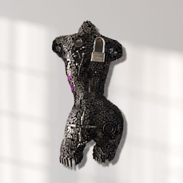 scrap Female Torso Mannequin | Industrial Metal Wall Art Sculpture with Chains and Lock | Handmade Feminine Curves | Unique Gift Idea