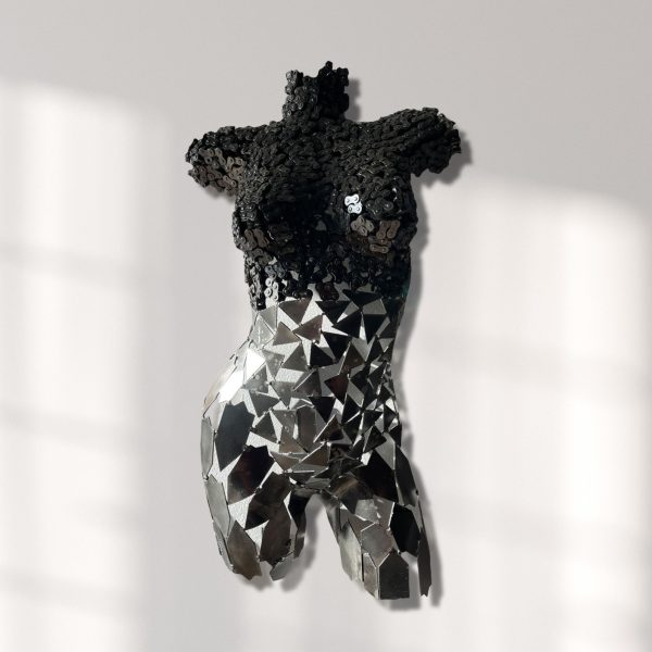 Unique steel Bust Torso Woman: Handcrafted Bicycle Chain and Triangle Parts Sculpture