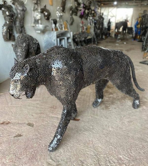 Salvaged Scrap Metal leopard Sculpture / Handmade Steel Art