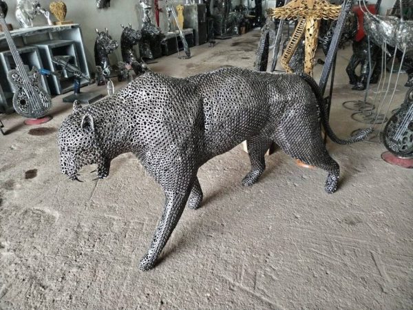 Salvaged Scrap Metal leopard Sculpture / Handmade Steel Art