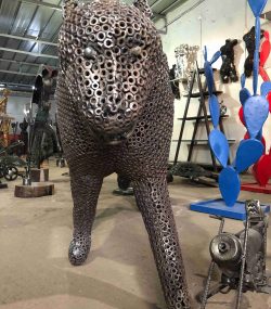 Salvaged Scrap Metal leopard Sculpture / Handmade Steel Art