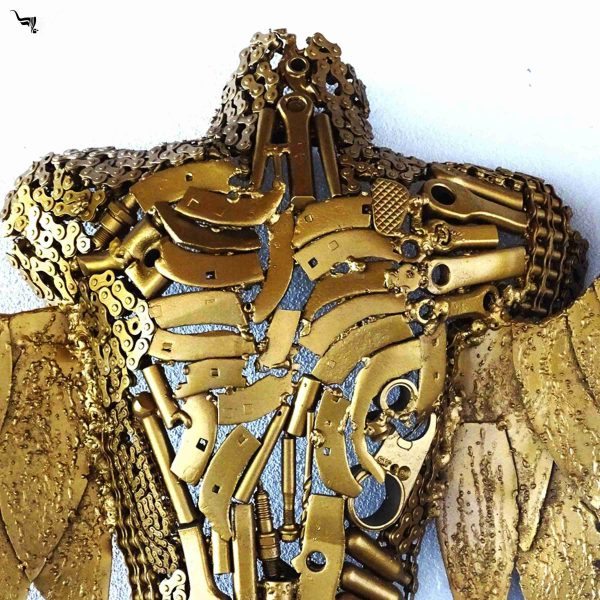 Handmade Steel Bust from Recycled Materials-Golden torso of a female with wings