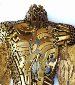 Handmade Steel Bust from Recycled Materials-Golden torso of a female with wings