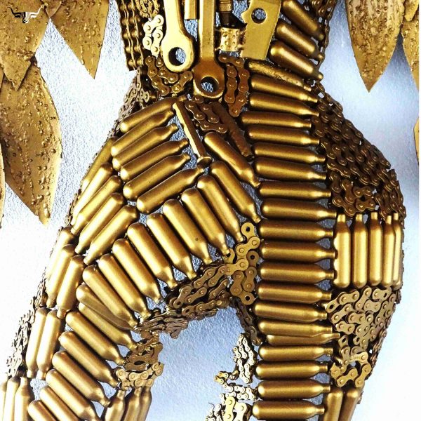 Handmade Steel Bust from Recycled Materials-Golden torso of a female with wings