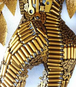 Handmade Steel Bust from Recycled Materials-Golden torso of a female with wings