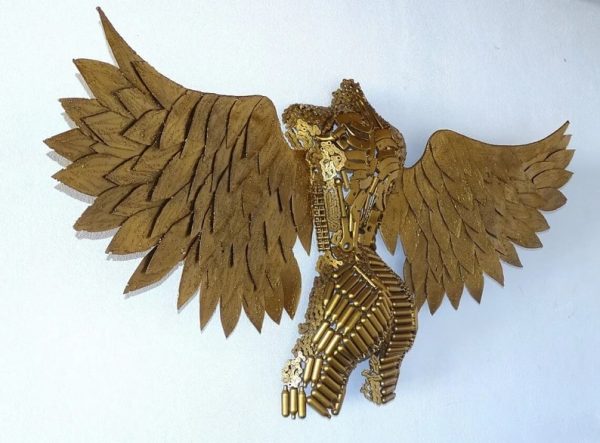 Handmade Steel Bust from Recycled Materials-Golden torso of a female with wings