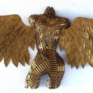 Handmade Steel Bust from Recycled Materials-Golden torso of a female with wings