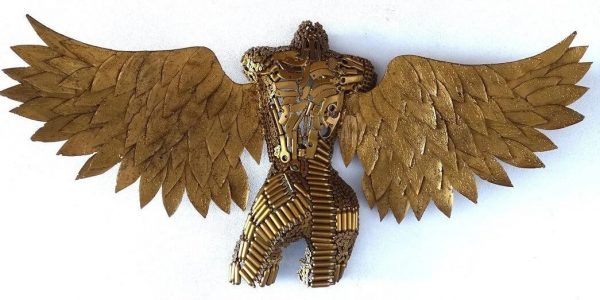 Handmade Steel Bust from Recycled Materials-Golden torso of a female with wings