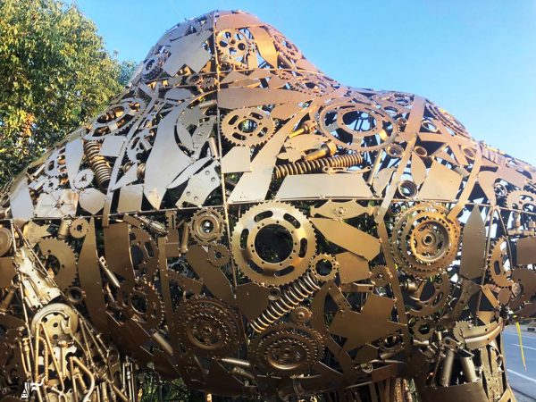 Recycled Metal large golden Sculpture statue - Handmade Steel Art
