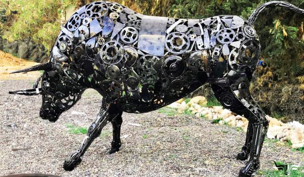 Rustic Recycled Metal Bull Sculpture statue - Handmade Steel Art