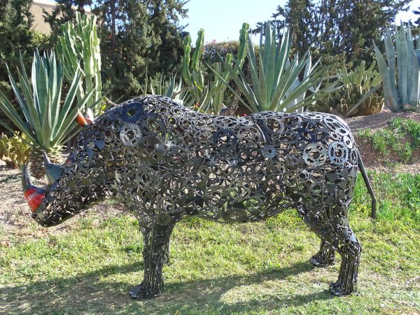 Rustic Recycled Metal rino Sculpture Bust - Handmade Steel Art