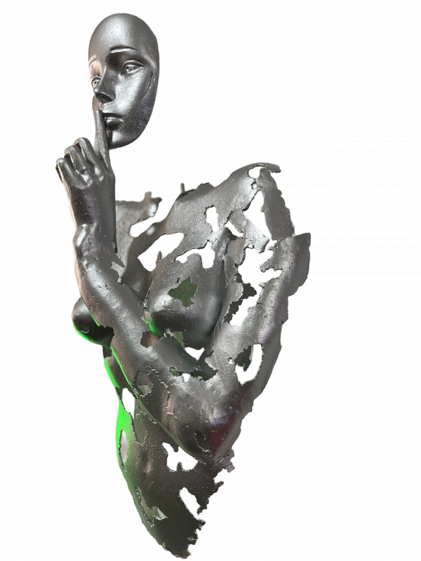 Silver Face with Finger to Lips Statue - Handmade Steel Art