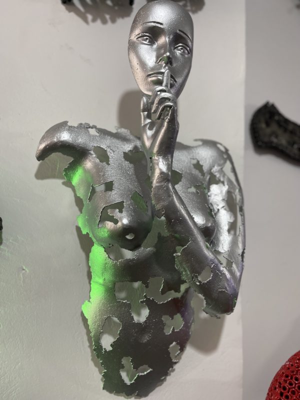 Contemporary Scrap Metal Sculpture Torso - Handmade Steel Art Silver Face with Finger to Lips Statue
