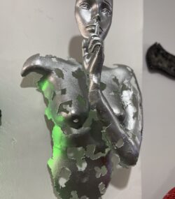 Contemporary Scrap Metal Sculpture Torso - Handmade Steel Art Silver Face with Finger to Lips Statue
