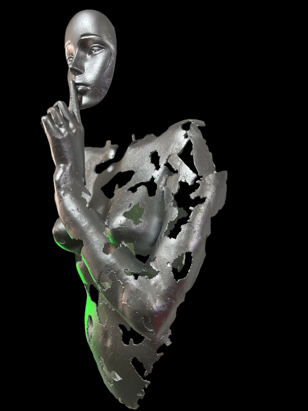 Contemporary Scrap Metal Sculpture Torso - Handmade Steel Art Silver Face with Finger to Lips Statue