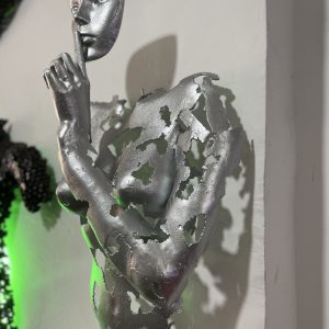 Contemporary Scrap Metal Sculpture Torso - Handmade Steel Art Silver Face with Finger to Lips Statue