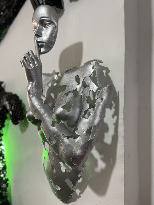 Contemporary Scrap Metal Sculpture Torso - Handmade Steel Art Silver Face with Finger to Lips Statue