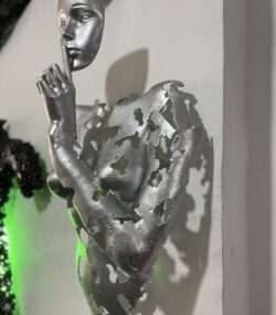 Contemporary Scrap Metal Sculpture Torso - Handmade Steel Art Silver Face with Finger to Lips Statue