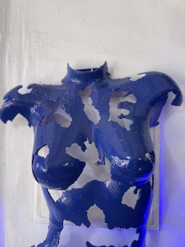 Contemporary Scrap Metal Sculpture Torso - Handmade Steel Art blue chromic Unique Wall Sculpture