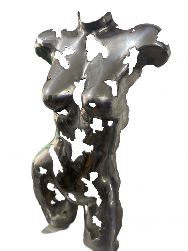 Rustic Recycled Metal Sculpture Bust - Handmade Steel Art Chrome Female Torso Wall Art
