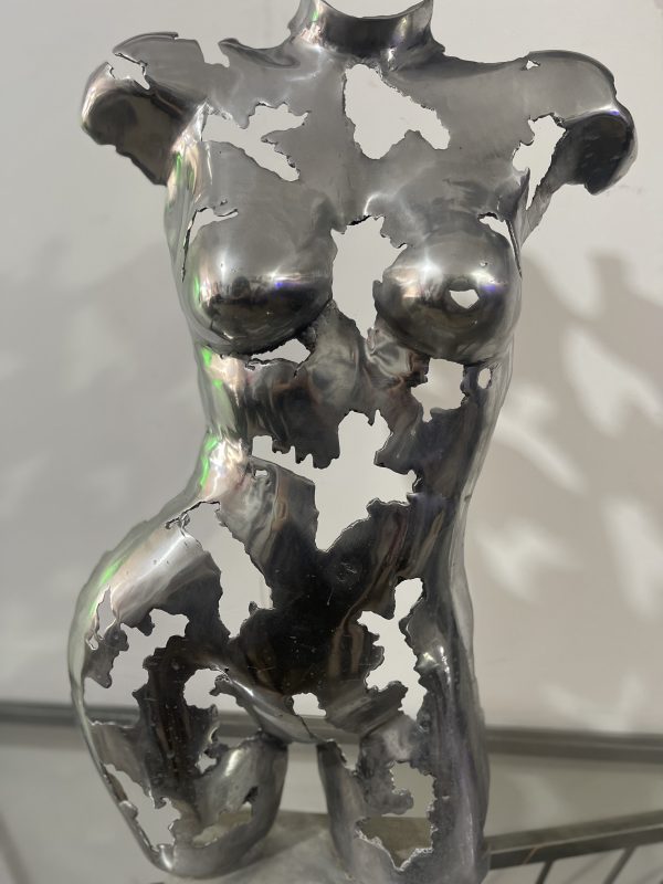 Rustic Recycled Metal Sculpture Bust - Handmade Steel Art Chrome Female Torso Wall Art