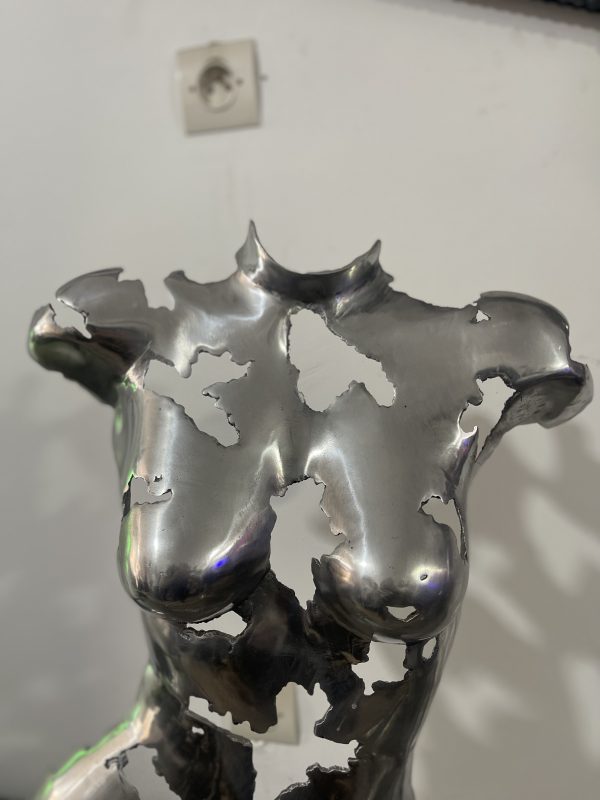 Rustic Recycled Metal Sculpture Bust - Handmade Steel Art Chrome Female Torso Wall Art