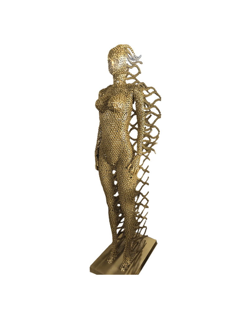 Handcrafted Golden standing woman. axle nuts female statue