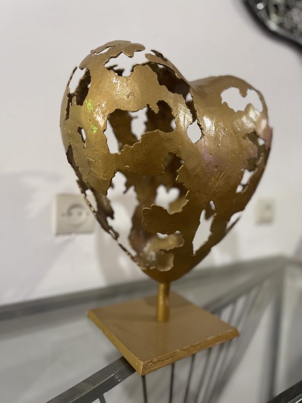 golden Modern Abstract Metal Heart Sculpture - Image 2